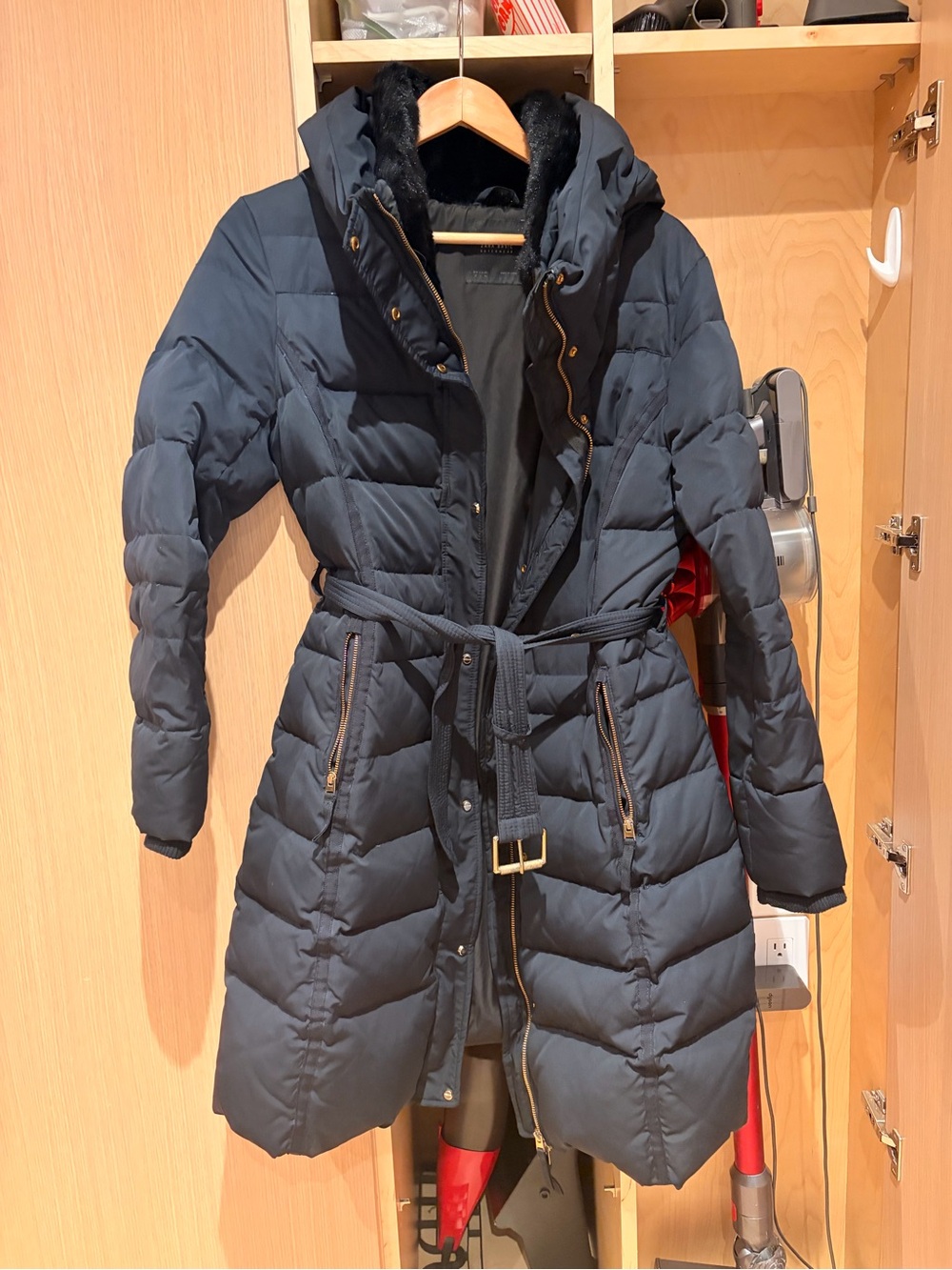 Zara Navy Quilted Belted Puffer Coat with Zip-in Hood